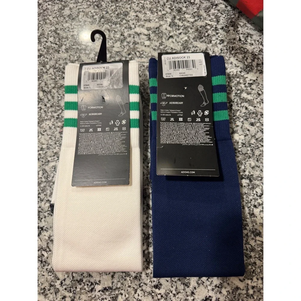 Adidas CU Adisock 23 Football Socks Mens Large White Navy Blue Green 2 Pair Pack